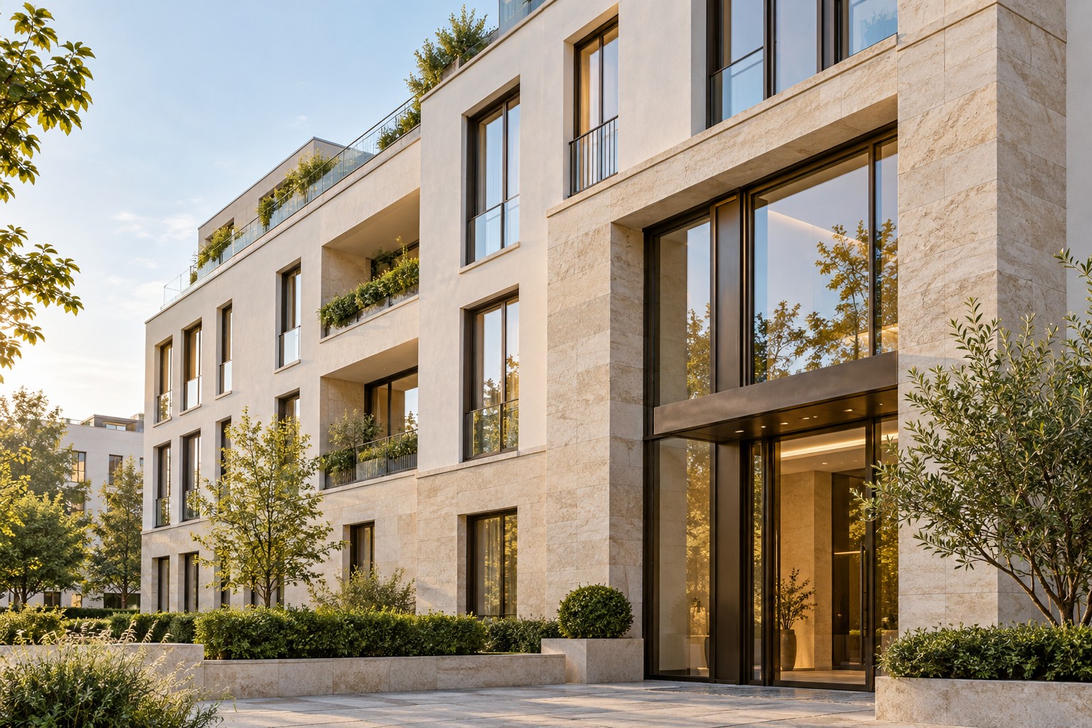 Architekturvisualisierung eines modernen Gebäudes mit Natursteinfassade